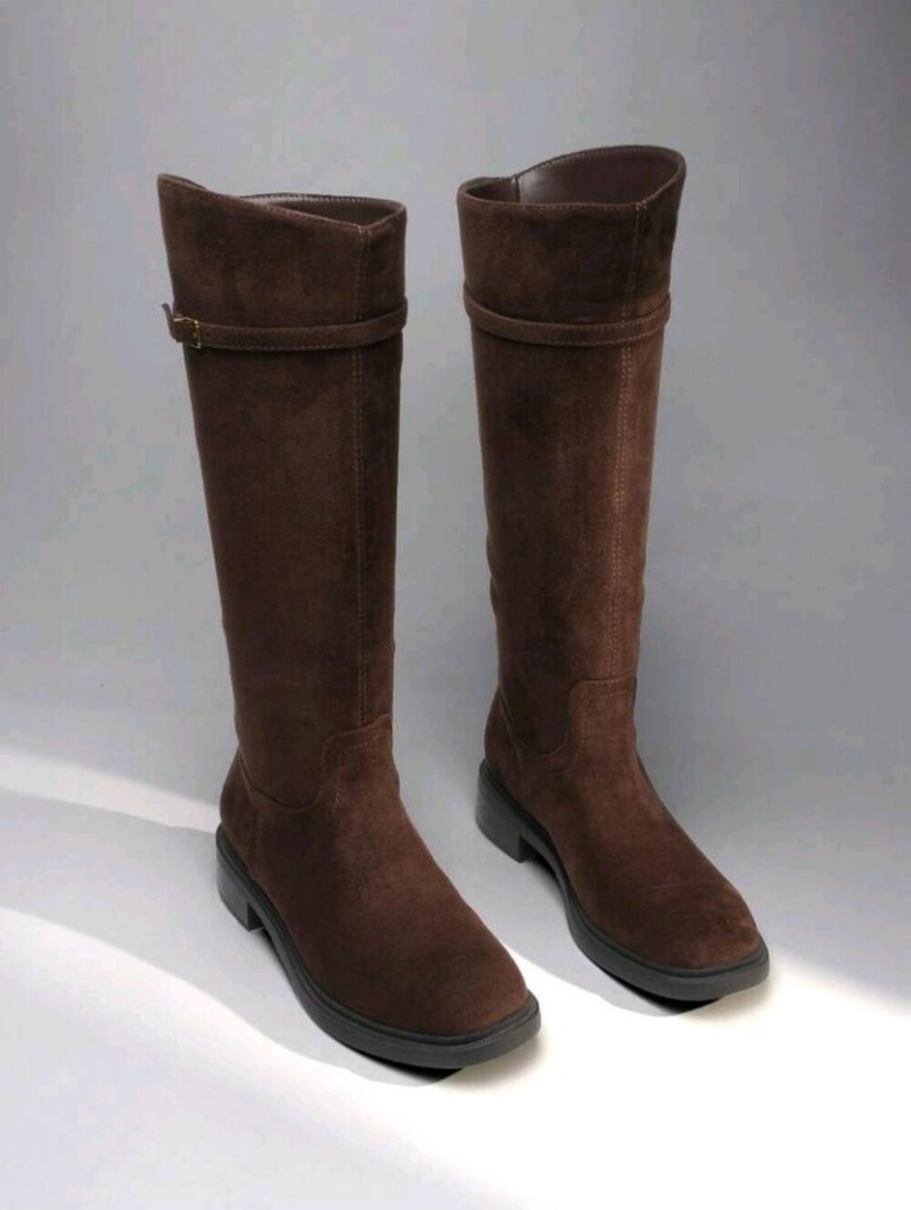 Knee-High Buckle Strap Riding Boots | Round Toe Straight Shaft Knee-High Easy - Picture 2 of 6